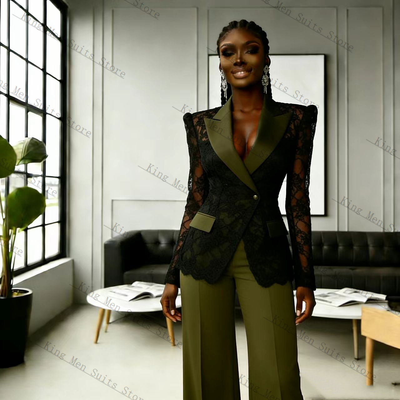 Women Formal Wear Black - Green Black Lace Women Suit Set